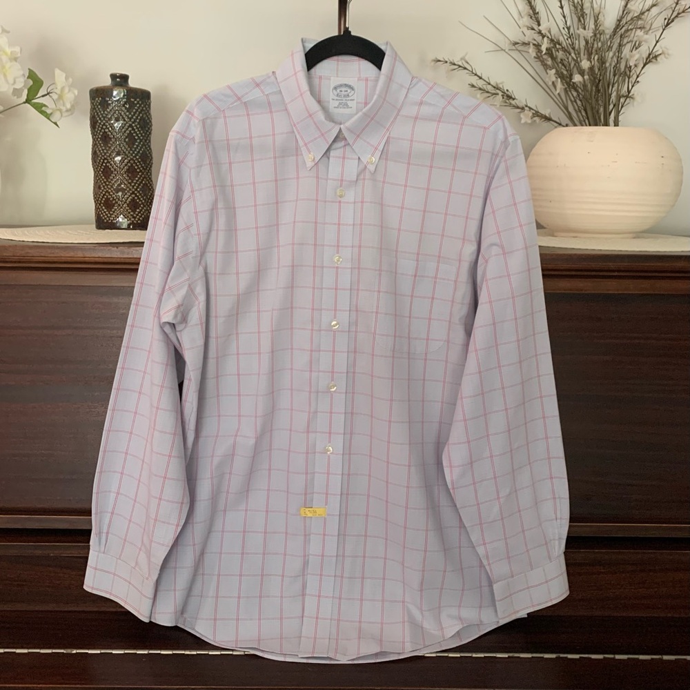 Brooks Brothers Slim-Fit, Non-Iron, Blue/Pink Check Print Cotton Shirt